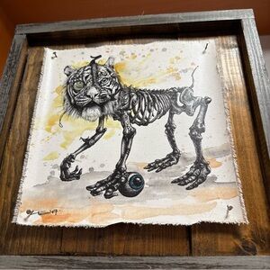 Framed Skeletal Tiger Art Print in White and Yellow by